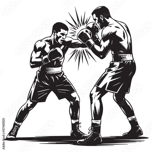 Two boxers in silhouette style clashing with a powerful punch and a burst of energy on a white background