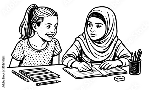 Two Girls Studying Together at Desk, One Smiling, Other Writing, in Black and White Line Art