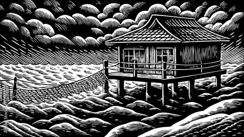 Japanese Sea scene with wooden house, fishing nets, and fog-covered waters rendered in cultural black and white line art illustration style ideal for print and web