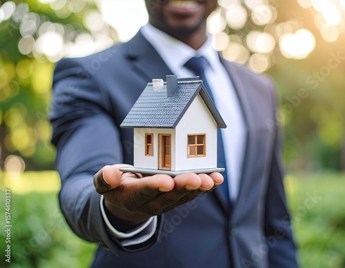 Businessman holding model house outdoors