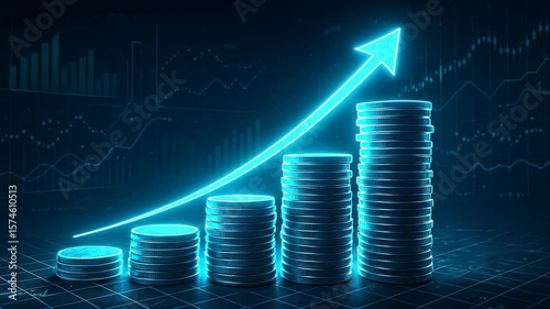 Stacks of silver coins glow in neon blue with a rising arrow behind, showing financial growth in a cool toned futuristic Data Visualization, Tech Finance scene