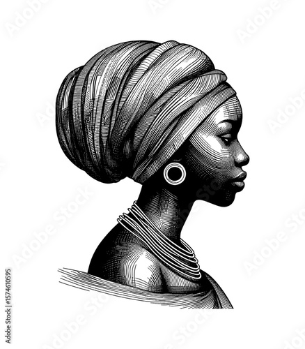 African Woman in Turban, Earring, and Necklace in Engraved Black and White Portrait