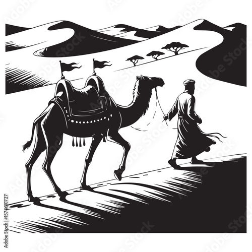 Silhouette of a man leading a camel across sand dunes in a desert landscape with sparse trees