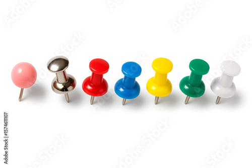  A colorful assortment of push pins arranged in a line isolated on white background
