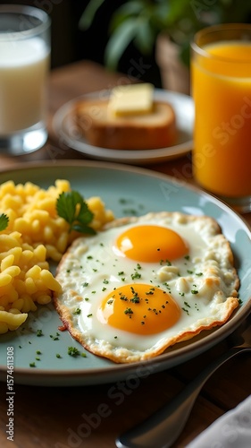 Delicious breakfast featuring creamy scrambled eggs topped with fried eggs on a rustic wooden table with refreshing beverages