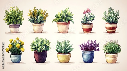 Collection of potted plants in various colors and styles.