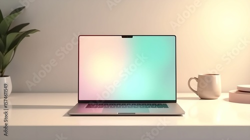 Modern laptop on a desk surrounded by greenery in a well-lit workspace during the day