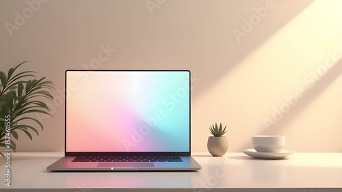 Modern laptop on a desk surrounded by greenery in a well-lit workspace during the day