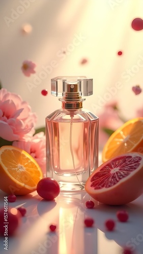 Elegant perfume bottle surrounded by vibrant flowers and fresh citrus fruits in soft natural light