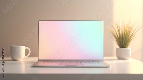 Modern laptop on a desk surrounded by greenery in a well-lit workspace during the day