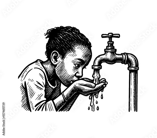 African Child Drinking Water from Tap in Black and White Engraving Style Illustration
