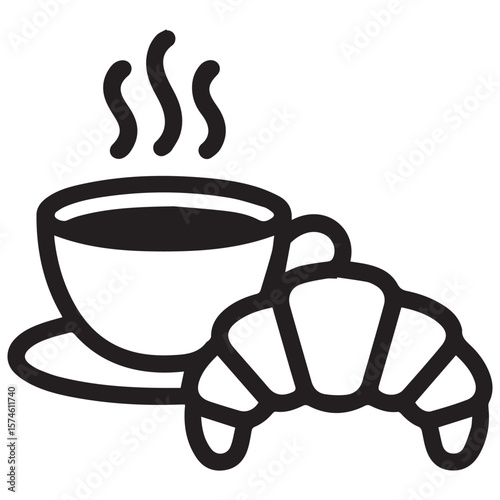 Simple black line art icon of a steaming cup of coffee next to a croissant on a white background