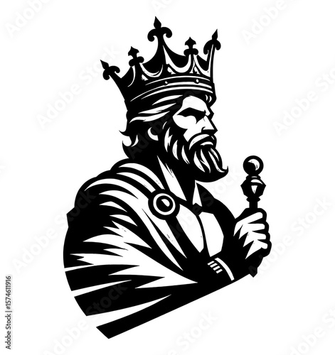 Profile of a King with Beard and Crown Holding a Scepter in Black and White Illustration