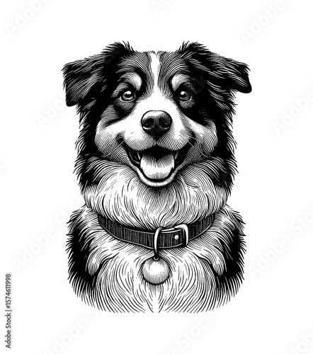Smiling Dog Head Portrait with Detailed Engraving Style in Black and White