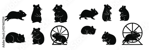 Various black silhouettes of hamsters engaged in different activities in a simple and playful design