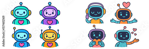 Cute colorful cartoon robots showing various emotions in a playful digital art setting during a sunny day