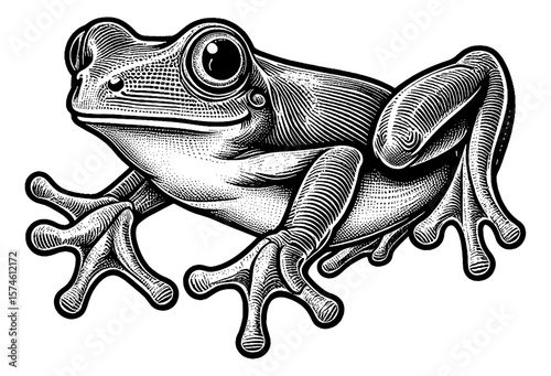 Detailed Engraved Illustration of a Frog Standing with Detailed Eye and Skin Texture in Black and White