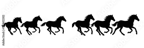 Running horses create dynamic silhouettes set against a simple background showcasing movement and grace