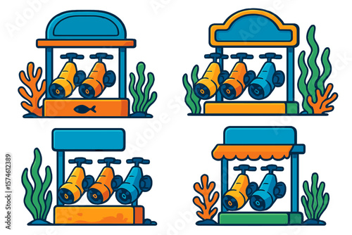 Colorful telescope stalls with coral decorations in an oceanic setting