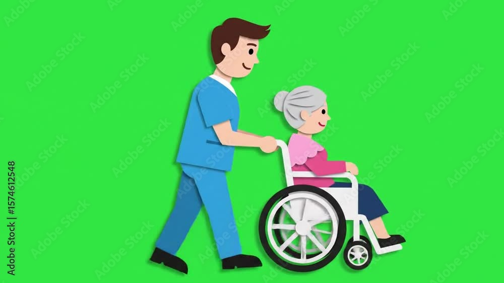 Animated Caregiver Pushing Elderly Woman in Wheelchair on Green Screen Animated Caregiver Pushing Elderly Woman in Wheelchair on Green Screen