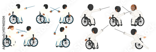 Illustrations of wheelchair fencing athletes practicing techniques and moves in a training session at a sports facility