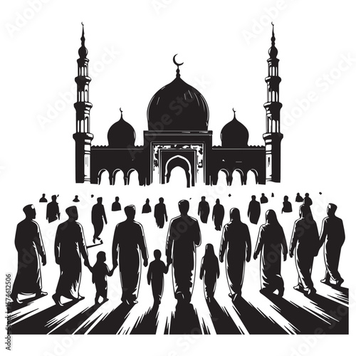Diverse crowd of people walking towards a grand mosque with minarets and a dome under a crescent moon