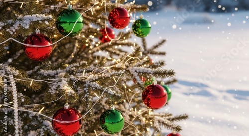 Beautiful Snowy Christmas Tree Decorated with Red and Green Ornaments and Twinkling Lights in the Winter Wonderland
