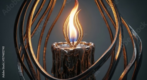 Mysterious gothic candle burning brightly within a dark ornate metal cage casting an eerie glow