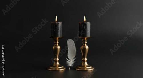 Two lit black candles in vintage gold candlesticks flank a single white feather on a dark background