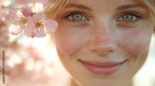 Close-up of a woman's face with freckles, light pink lips, and cherry blossoms.