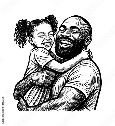 Happy African American father laughing and hugging his daughter in line art drawing style