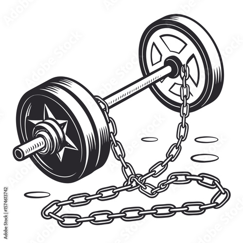 Barbell with chains attached isolated on a white background weightlifting strength training
