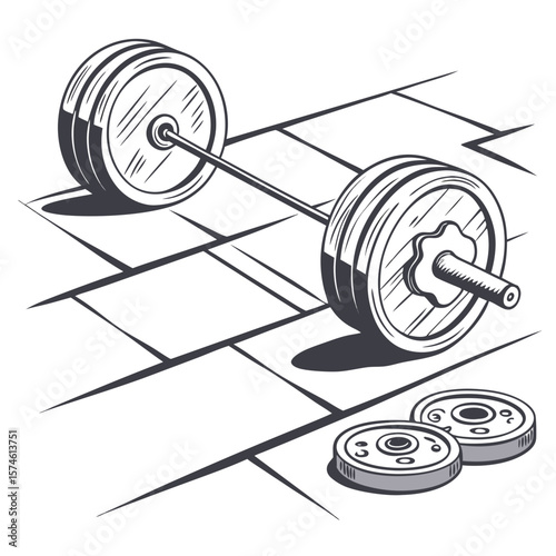Barbell with weight plates on gym floor fitness strength training