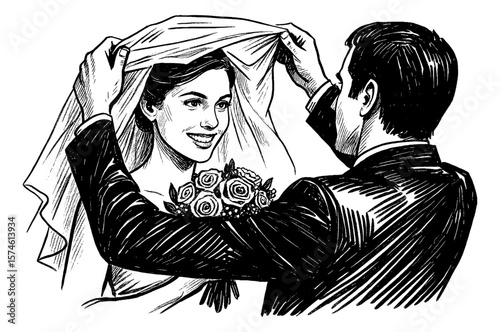 Groom Lifting Veil of Smiling Bride with Bouquet in Black and White Detailed Line Art