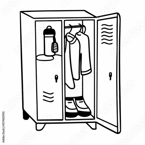 Gym locker with clothes and water bottle open locker sports gear