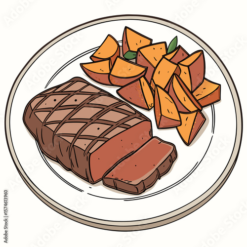 Grilled steak with roasted sweet potato wedges vector
