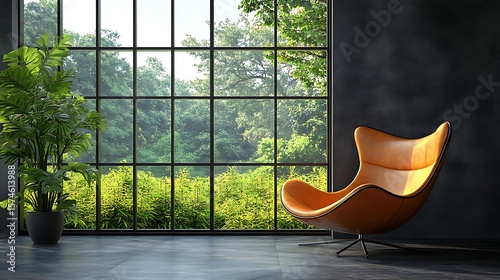 Relaxing modern room with large windows and an egg-shaped chair.