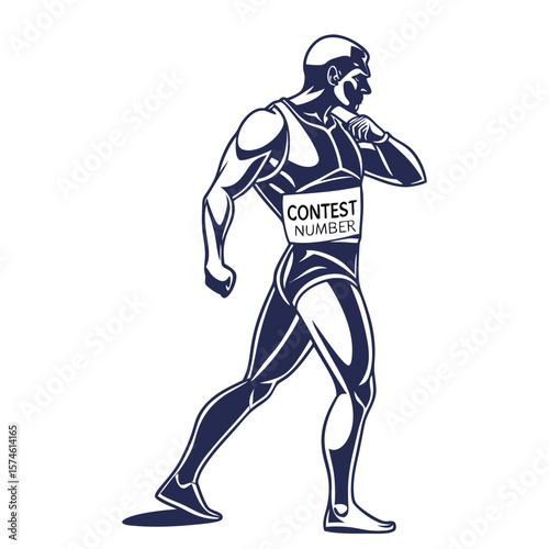 Muscular athlete posing with contest number tag bodybuilding male