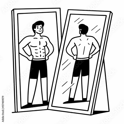 Muscular man admiring physique in mirrors fitness