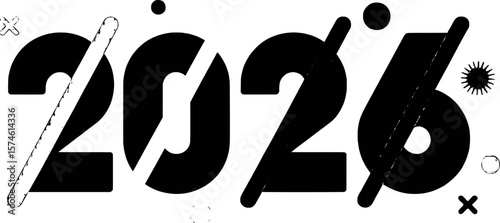 Bold black numbers twenty six with abstract shapes and lines white