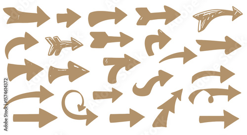 Collection of HandDrawn Brown Arrows Pointing in Various Directions.