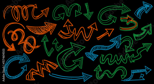 Colorful HandDrawn Arrows in Orange Green and Blue on Black Background.