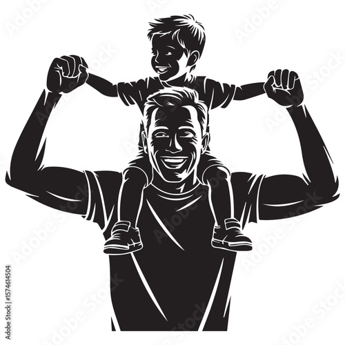 Joyful father carrying his happy son on his shoulders with arms raised in celebration against a white background