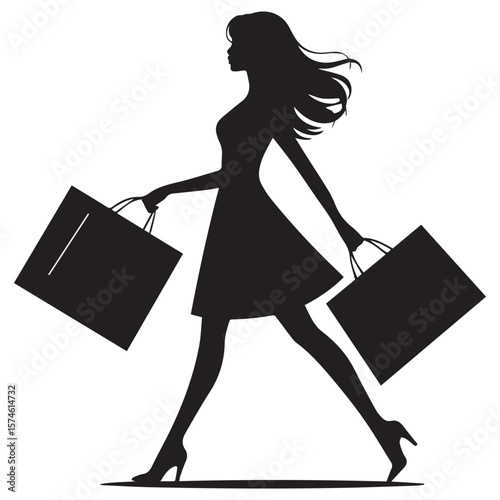 Elegant silhouette of a woman in a dress and high heels carrying shopping bags