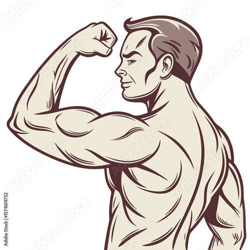 Muscular man flexing bicep in profile view strength
