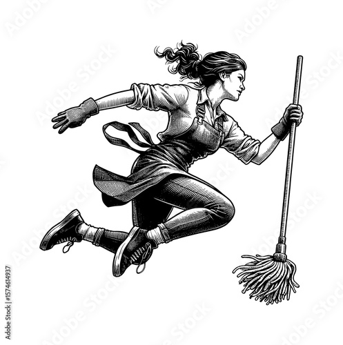 Dynamic Cleaning Lady Illustration: Woman Leaping with Mop in Black and White Engraving Style