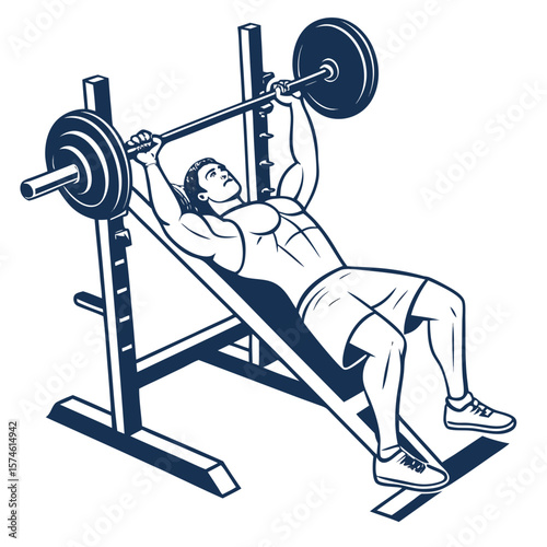 Muscular man lifting barbell on incline bench training chest