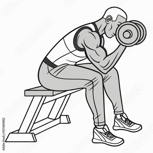 Muscular man lifting dumbbell on bench bodybuilder
