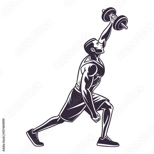 Muscular man lifting dumbbell overhead bodybuilder overhead press