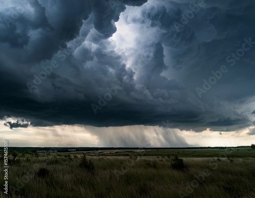 dark sky with heavy clouds converging and a violent storm before the rain